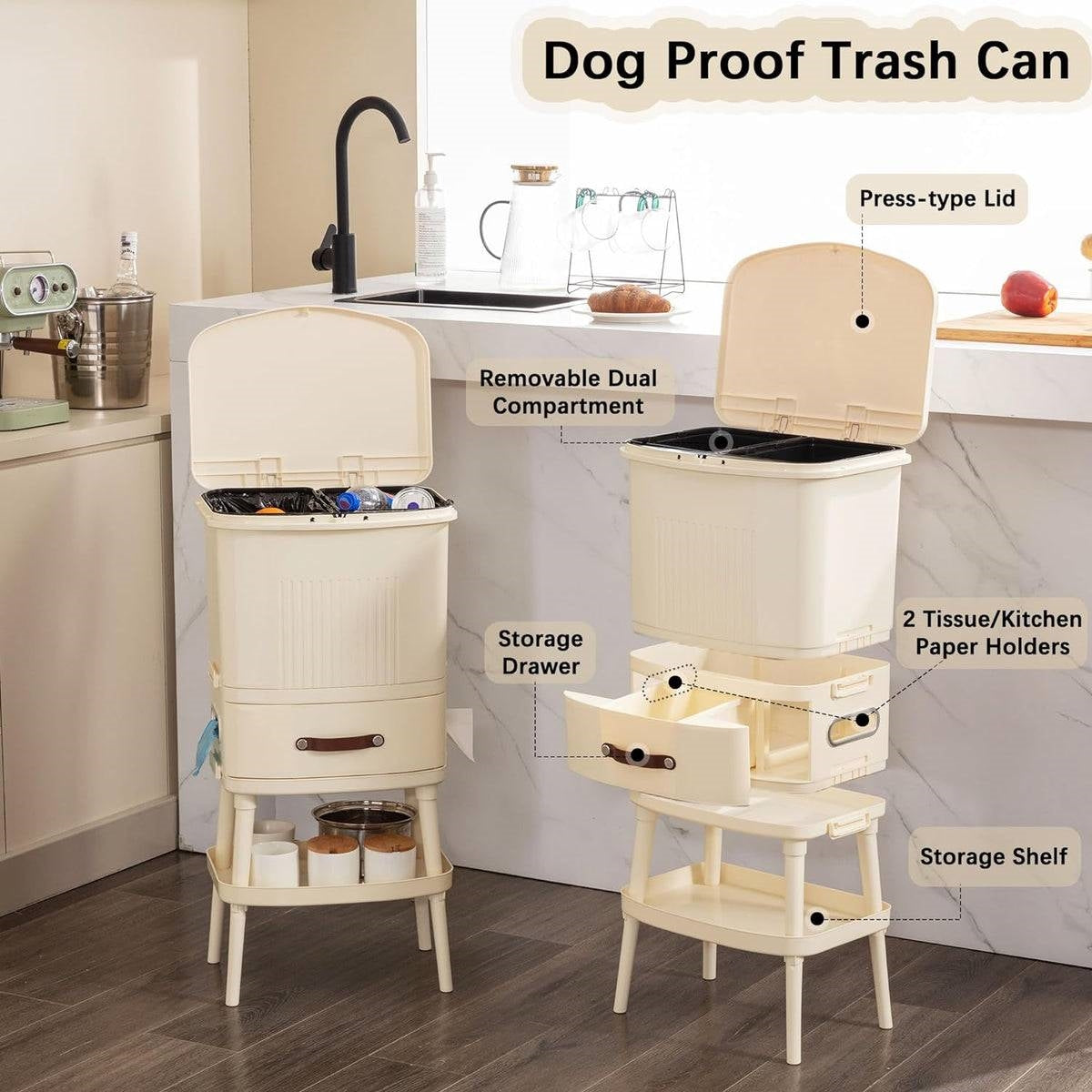 8 Gallon Elevated Trash Kitchen Can with Lid and Storage Shelf in Cream