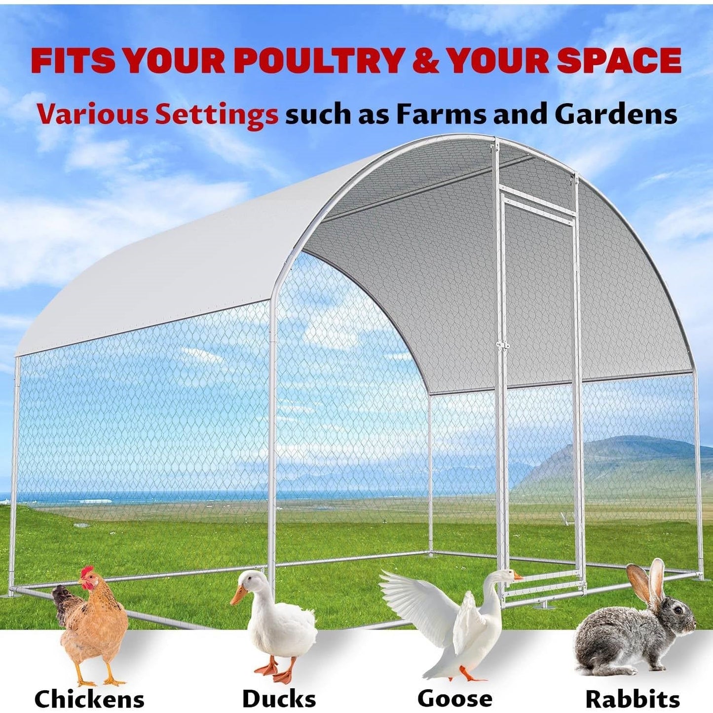 9.8 Ft x 6.6 Ft Outdoor Metal Chicken Coop with Dome Roof and Waterproof Cover