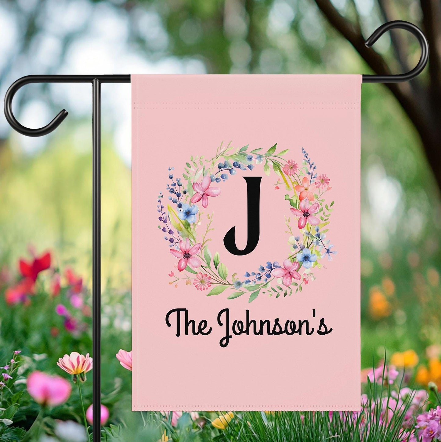 Personalized Garden Flag | Monogram Floral Wreath | Custom Family Name Flag | Spring Summer Yard Decor | Mint Blue Housewarming Gift