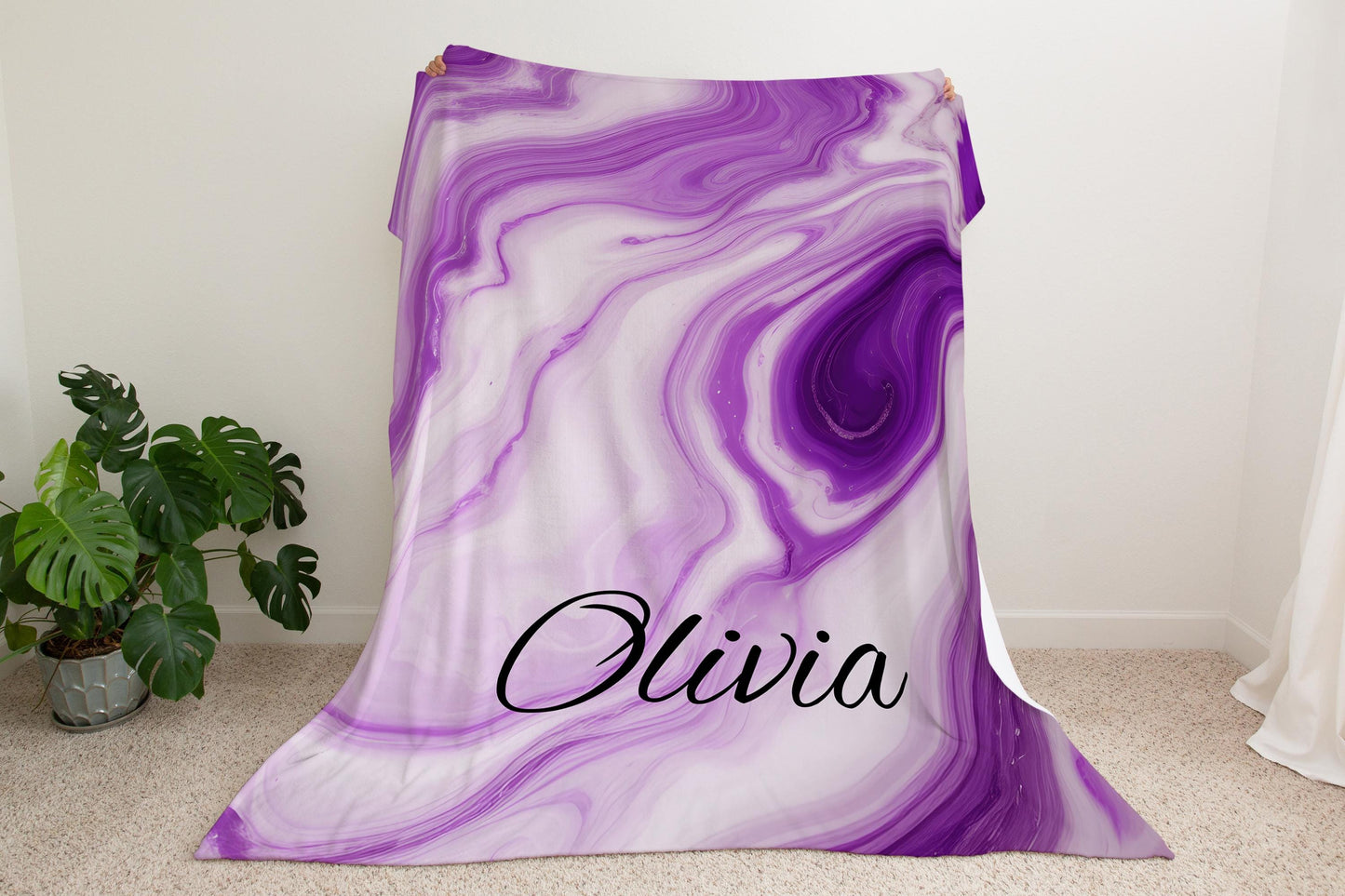 Personalized Blanket | Purple Marble Design | Custom Name Plush Throw | Velveteen Soft Fleece | Dorm Room Decor | Birthday Gift