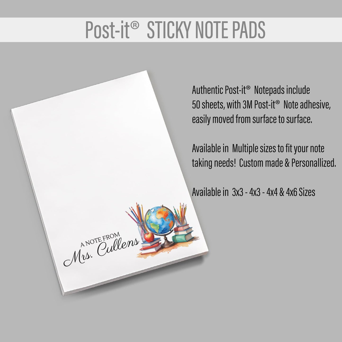Personalized Sticky Notes with Name, Custom Post-it® Teacher Notepad, Back to School Gift, Office Supplies, Cute Desk Accessory Teacher Gift