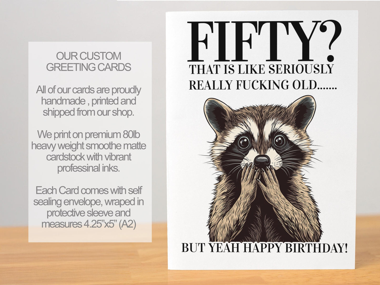 Funny Milestone Birthday Card for Him or Her, Raccoon Cursing Humor, 40th 50th 60th Card, Blank Inside, Handmade A2 Snarky Greeting