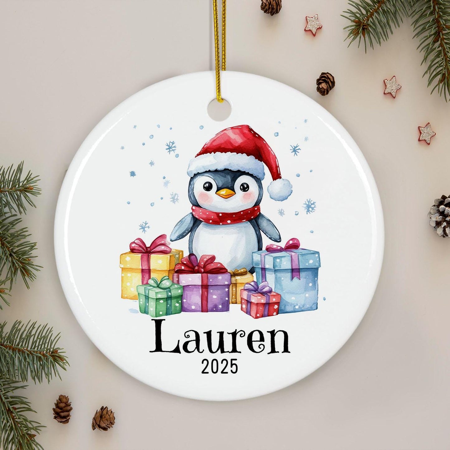 Personalized Penguin Christmas Ornament, Custom Ceramic Holiday Decoration, Cute Winter Keepsake, Kids Name Gift, Xmas Tree Ornament