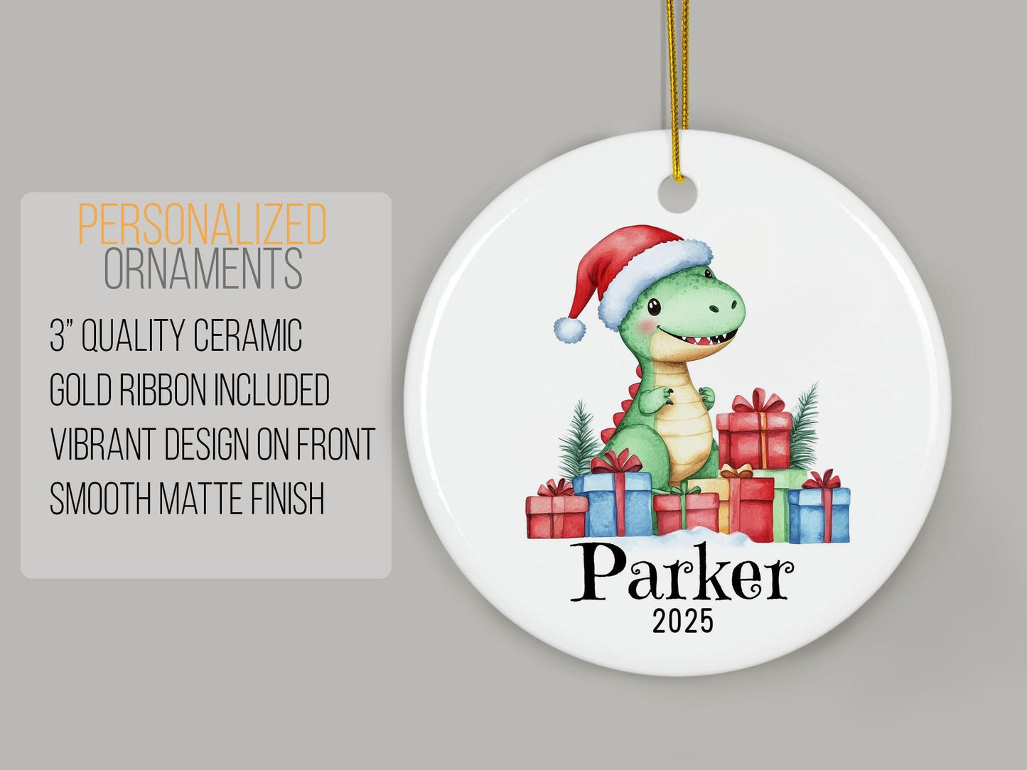 Personalized Dinosaur Christmas Ornament, Custom Name Ceramic Keepsake, Kids Holiday Gift, Baby First Xmas, Cute Dino Tree Decoration