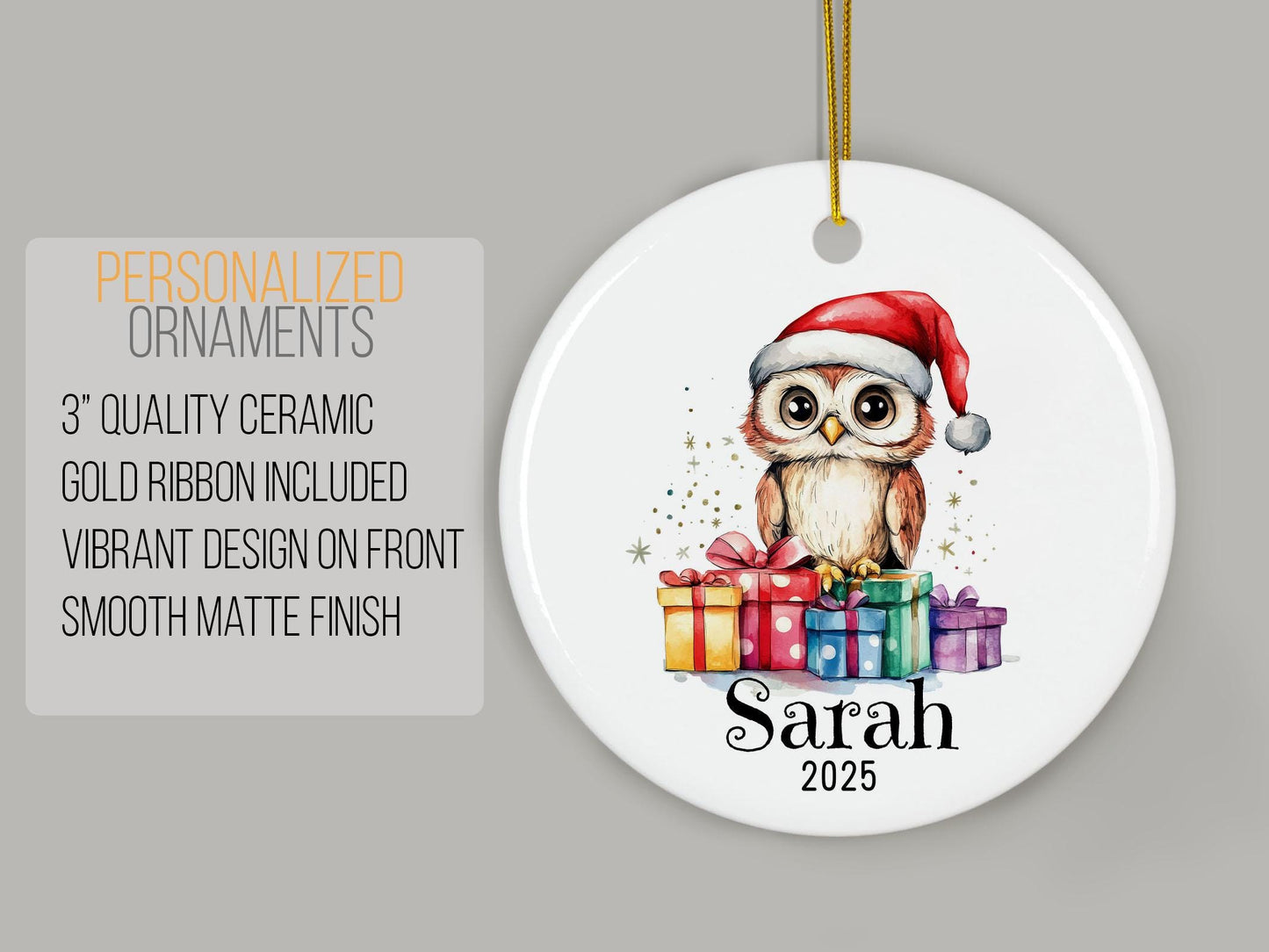 Personalized Owl Christmas Ornament, Custom Name Ceramic Keepsake, Baby First Xmas Decoration, Kids Animal Gift, Festive Tree Decor