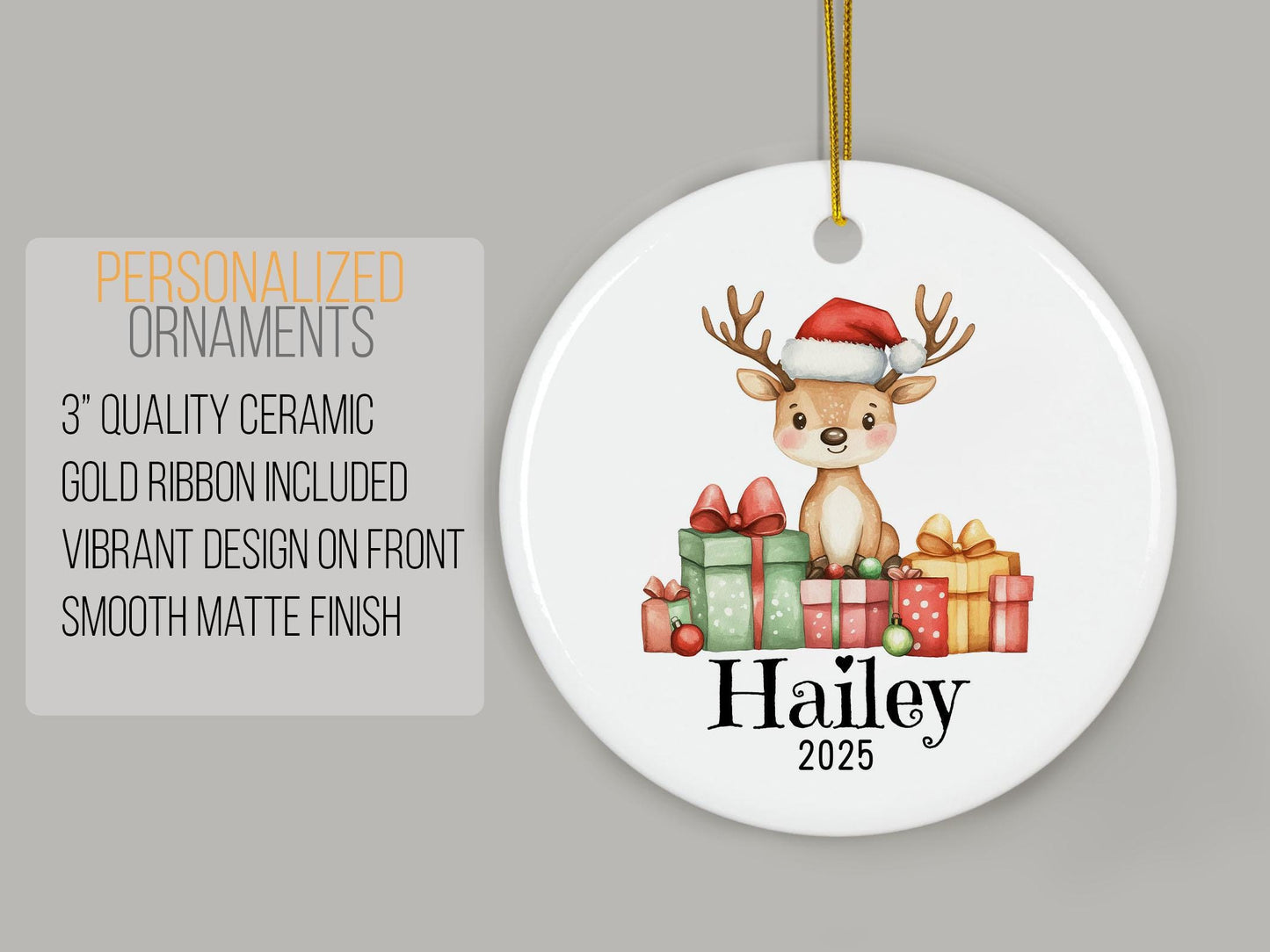 Personalized Reindeer Christmas Ornament, Custom Name Holiday Decoration, Kids Ceramic Keepsake, Baby's First Xmas Gift, Tree Decor