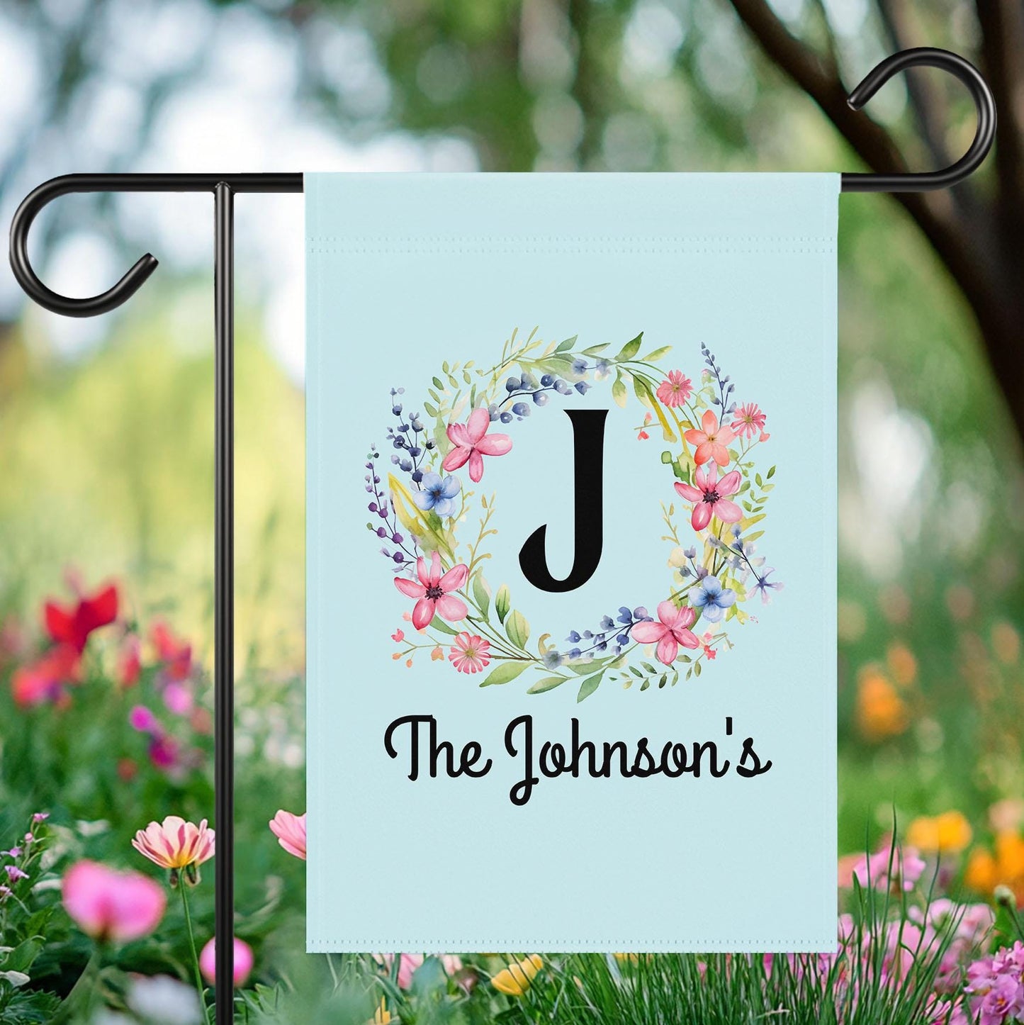 Personalized Garden Flag | Monogram Floral Wreath | Custom Family Name Flag | Spring Summer Yard Decor | Mint Blue Housewarming Gift