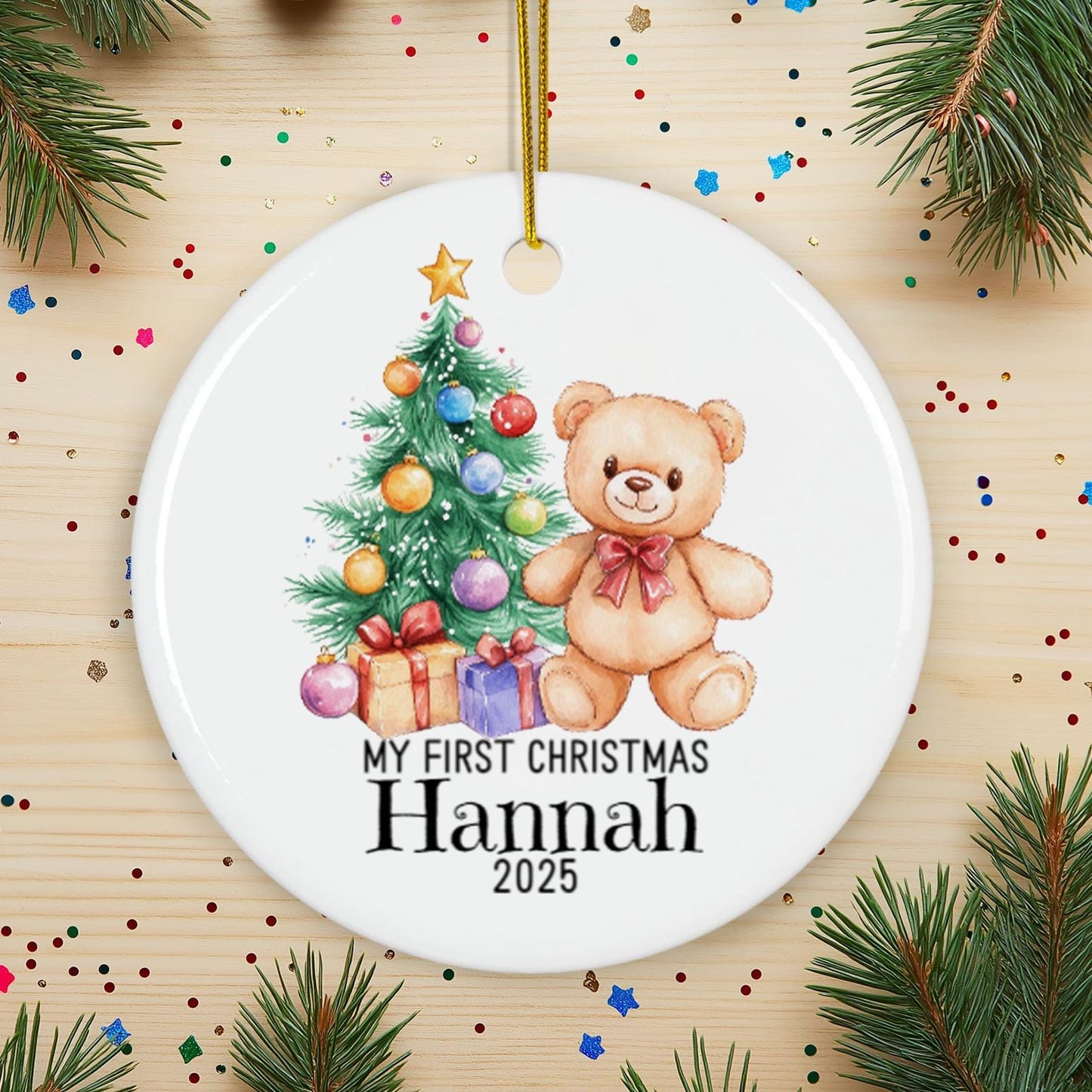 Personalized My First Christmas Ornament, Custom Name Teddy Bear & Tree Keepsake, Baby Boy Ceramic Holiday Gift, 2025 Xmas Decoration