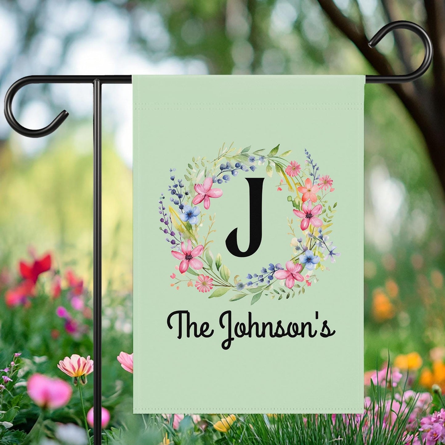 Personalized Garden Flag | Monogram Floral Wreath | Custom Family Name Flag | Spring Summer Yard Decor | Mint Blue Housewarming Gift