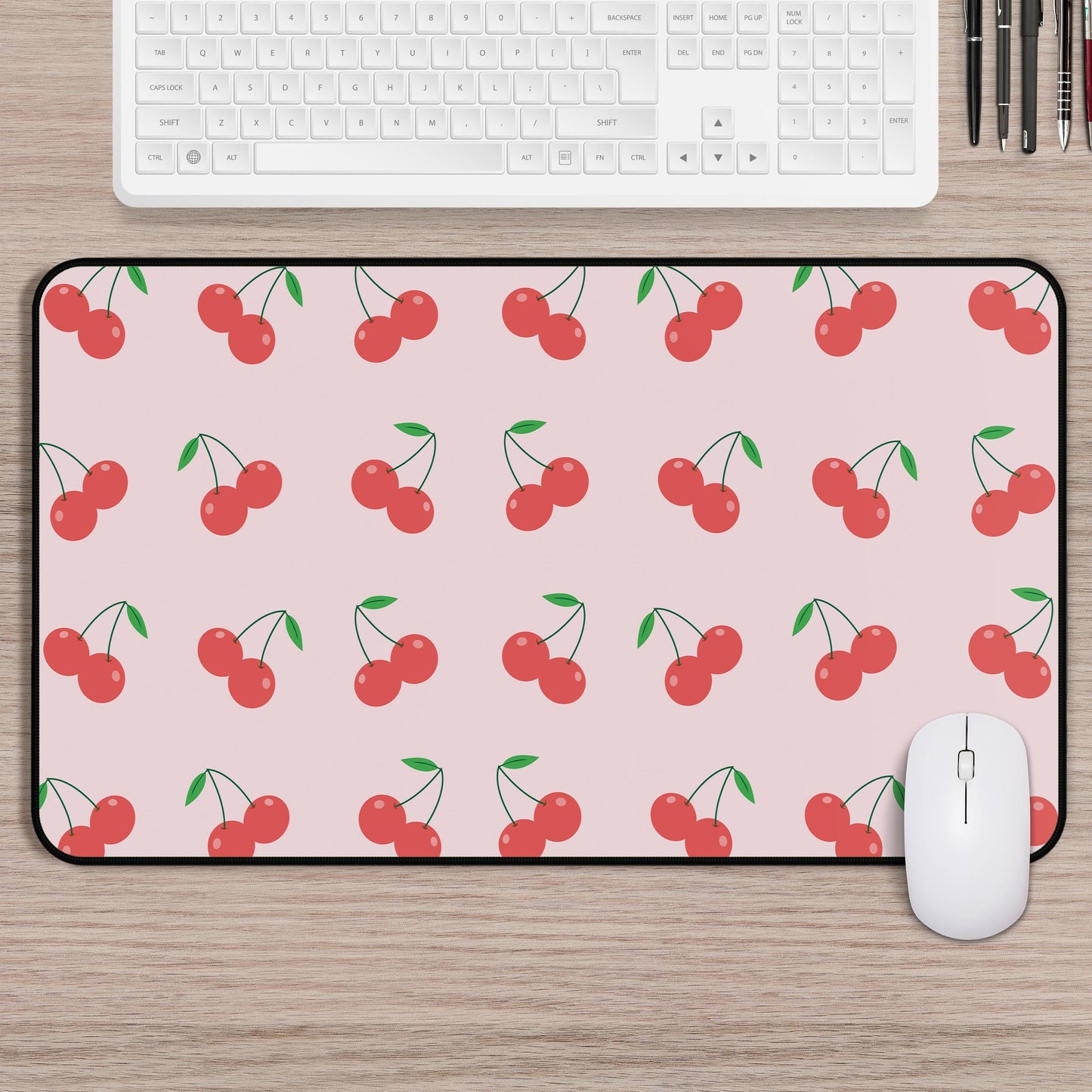 Cute Pink Cherry Mousepad, Red Cherries Gaming Mat, Cute Pink Desk Mat, Large Pink Mouse Pad, Women's Gaming Mats, Cherry Office Decor