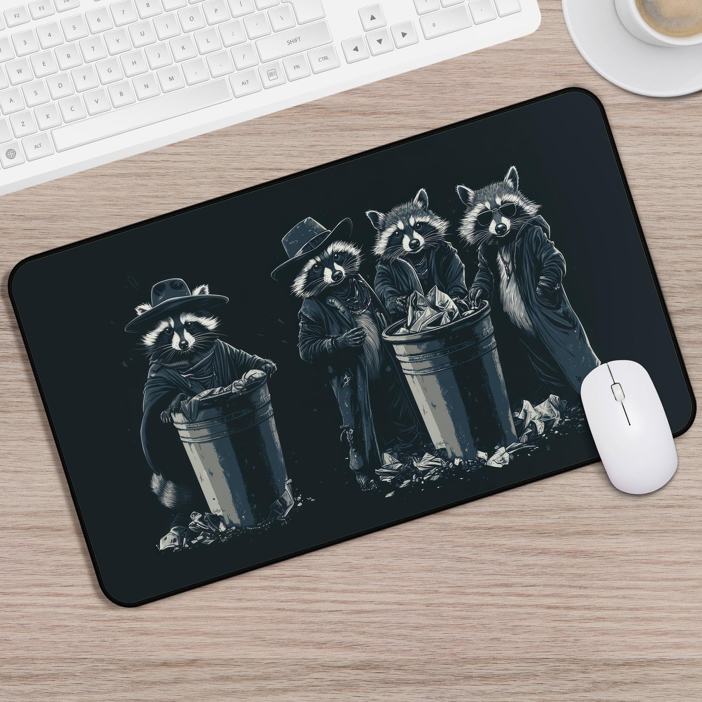 Raccoon Gang Mousepad | Funny Trash Panda Computer Gaming Desk Mat | Raccoons in Coats Art Gift for Gamers | Dark Desk Decor