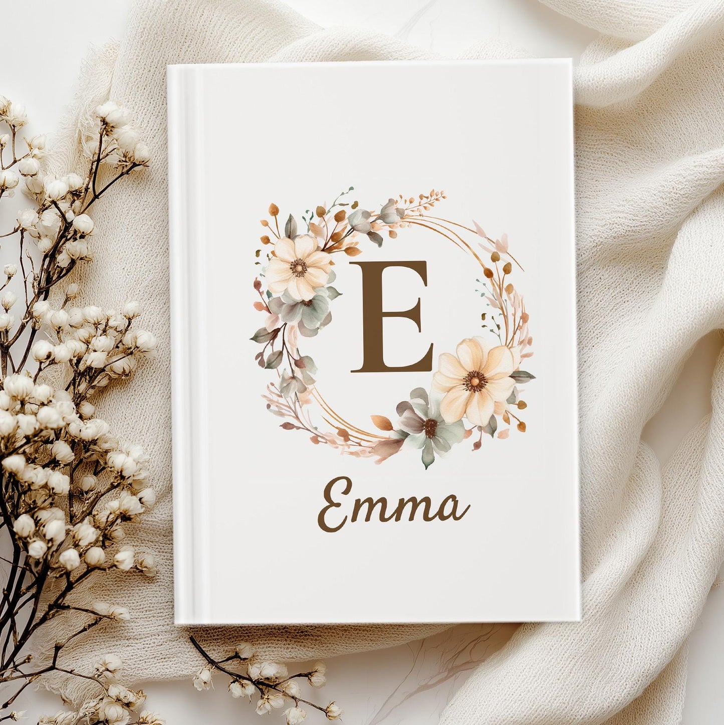 Personalized Boho Floral Monogram Journal, Custom Hardcover Notebook, Elegant Flower Diary, Bridesmaid Gift, Mothers Day Gift for Her