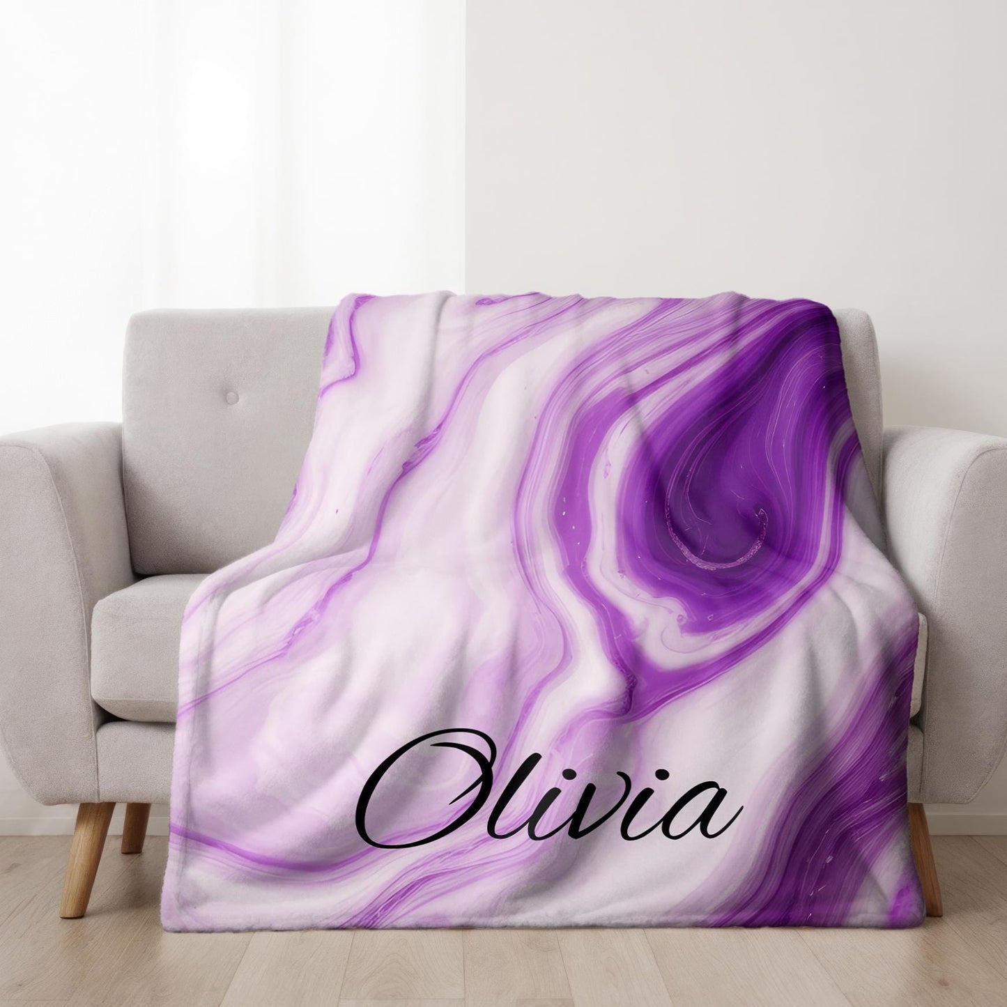 Personalized Blanket | Purple Marble Design | Custom Name Plush Throw | Velveteen Soft Fleece | Dorm Room Decor | Birthday Gift