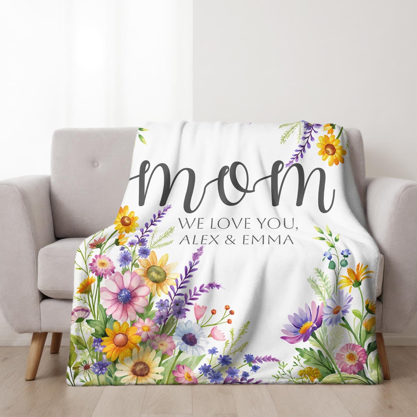 Personalized Floral Mom Blanket, Custom name blanket, Wildflower Blanket, Custom Gift for Mother's Day, For Mom, Children's Name Blanket