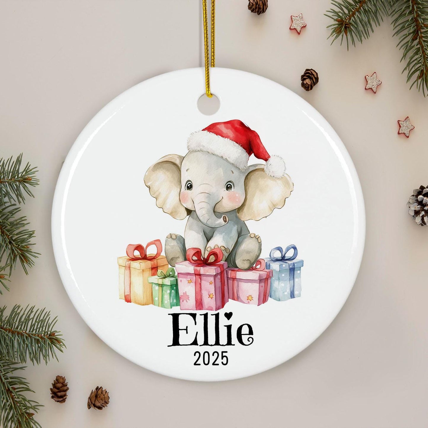 Personalized Elephant Christmas Ornament, Custom Name Ceramic Decoration, Baby's First Xmas Gift, Cute Animal Keepsake, Holiday Decor