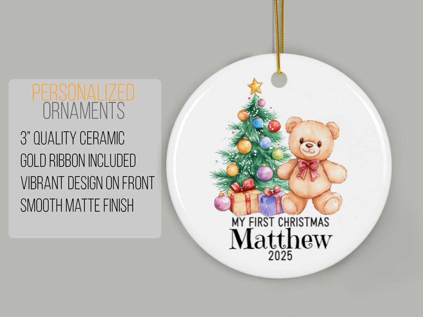 Personalized My First Christmas Ornament, Custom Name Teddy Bear & Tree Keepsake, Baby Boy Ceramic Holiday Gift, 2025 Xmas Decoration