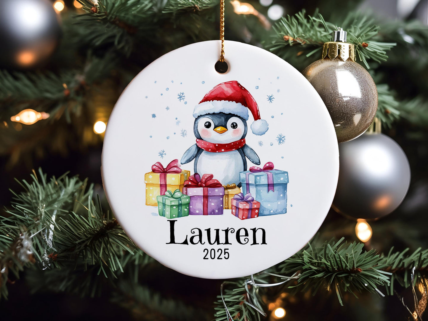 Personalized Penguin Christmas Ornament, Custom Ceramic Holiday Decoration, Cute Winter Keepsake, Kids Name Gift, Xmas Tree Ornament