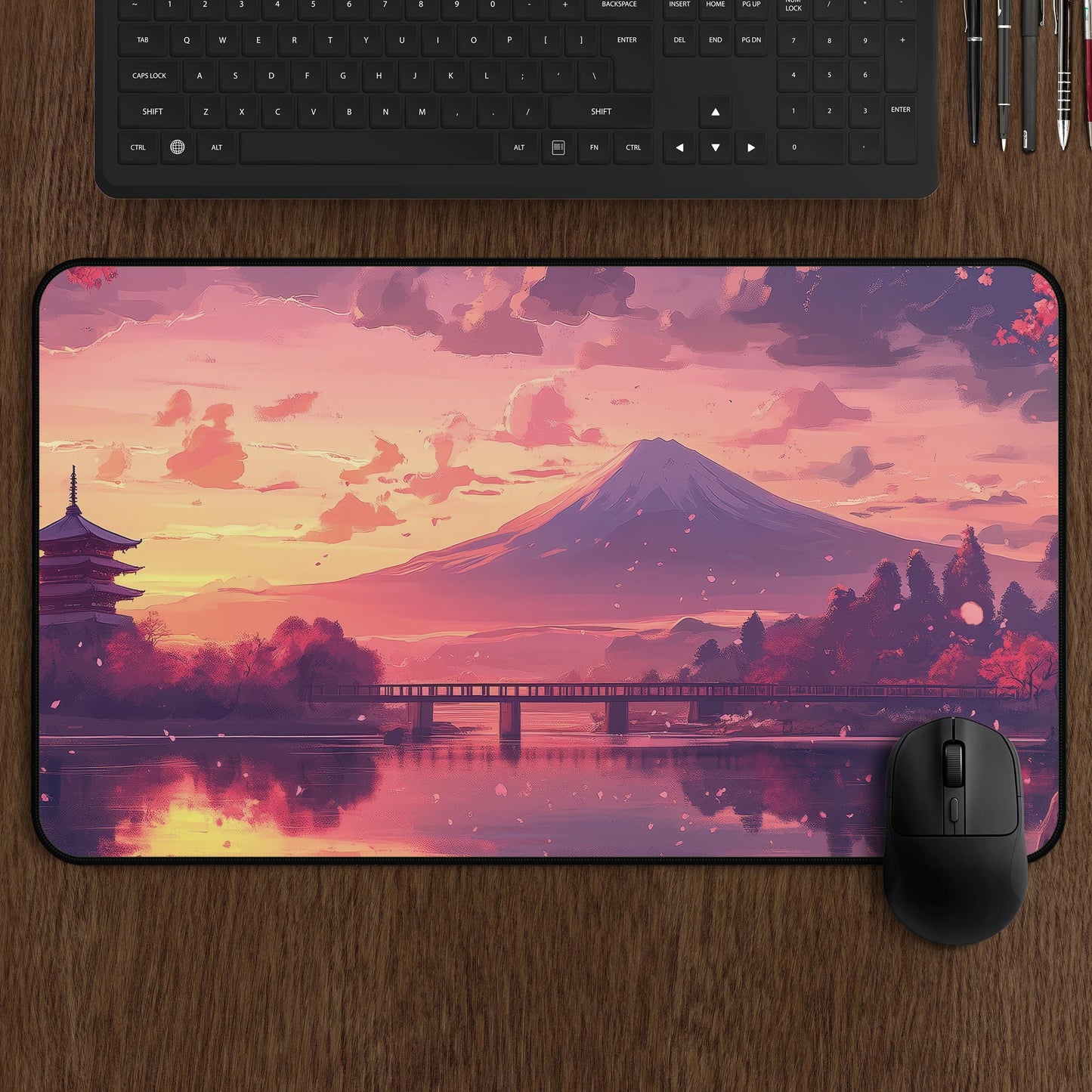 Desk Mat Japanese Sunset | Mt Fuji Cherry Blossom Mouse Pad | Anime Aesthetic Gaming Desk Pad | Pink Purple Landscape Office Accessory