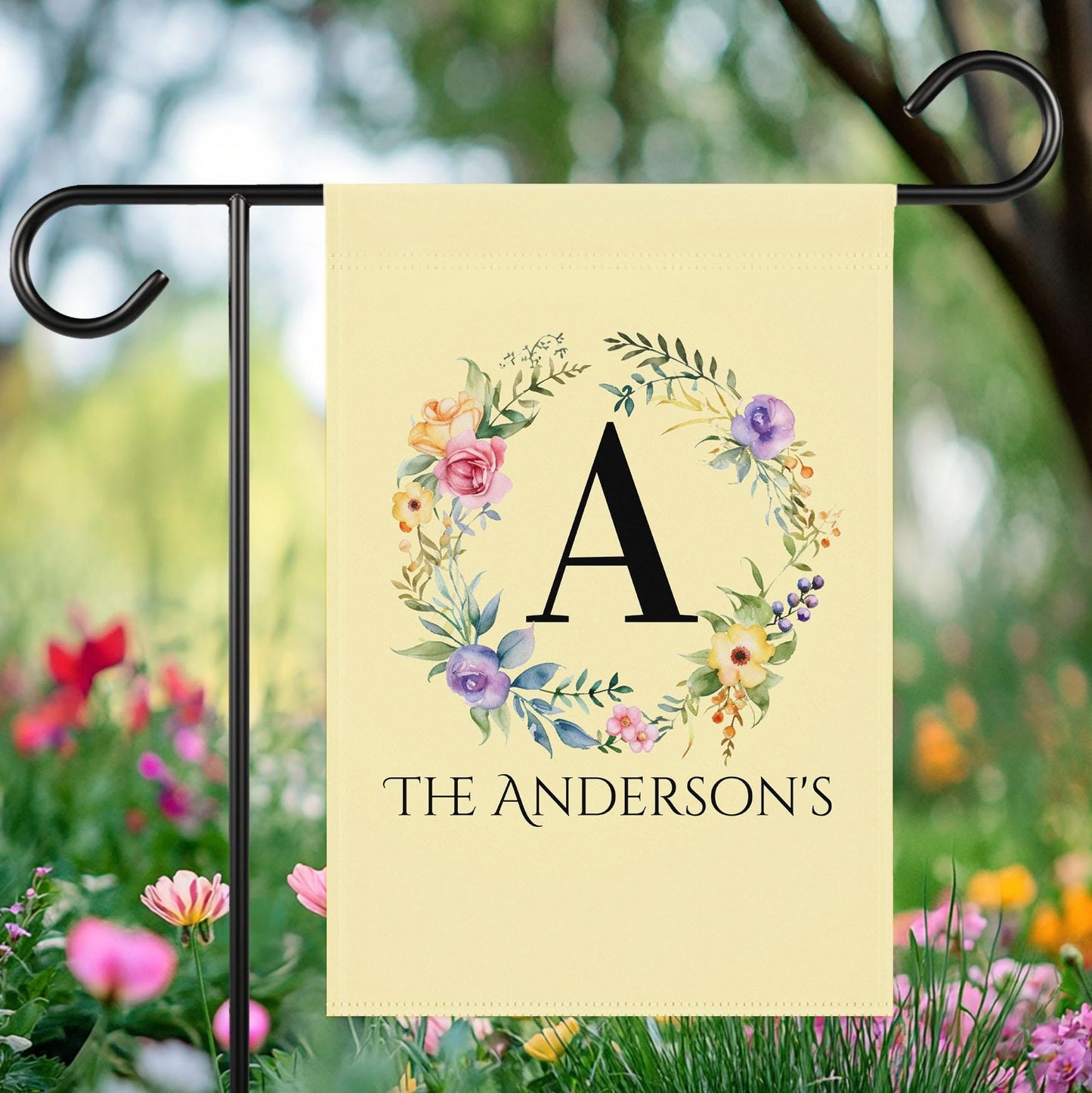 Personalized Garden Flag with Monogram Last Name, Custom Floral Outdoor Decor, Spring Yard Sign, Garden Party Banner, Bridal Shower Sign