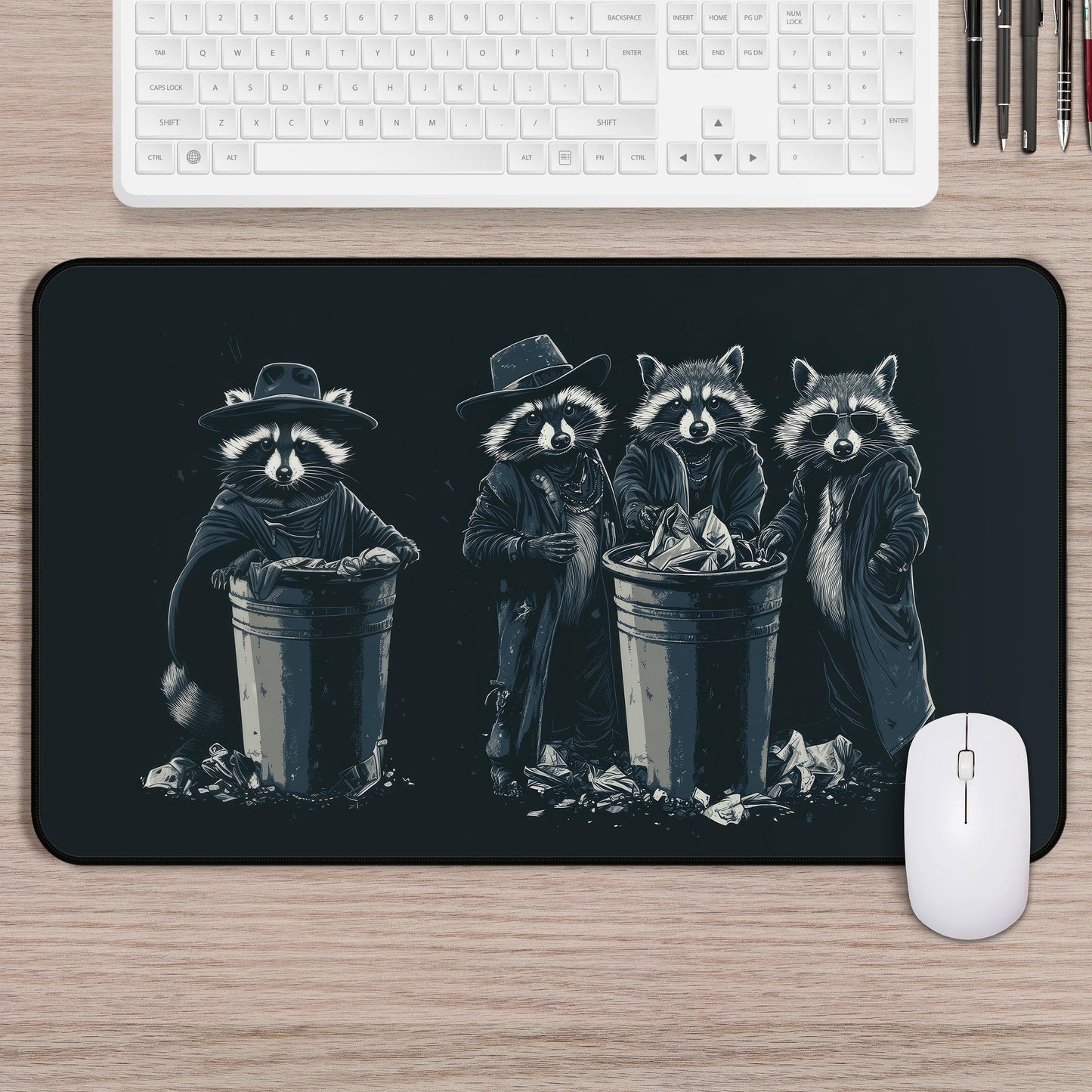 Raccoon Gang Mousepad | Funny Trash Panda Computer Gaming Desk Mat | Raccoons in Coats Art Gift for Gamers | Dark Desk Decor