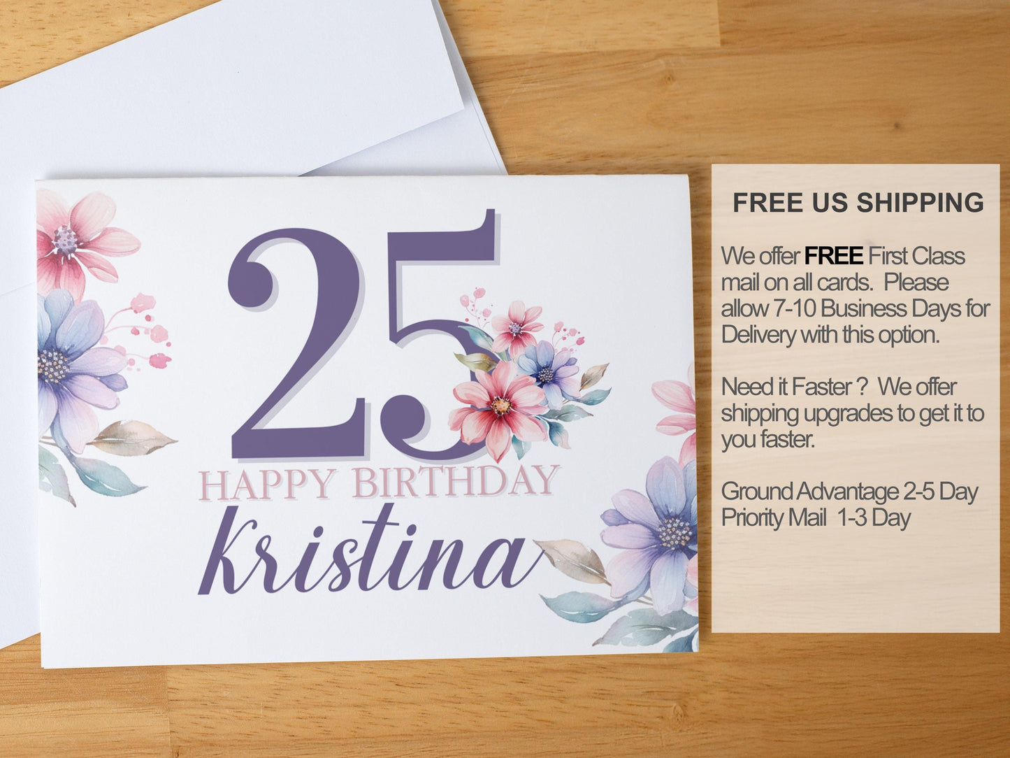Personalized Floral Birthday Card for Her, Custom Age & Name Greeting, Purple Pastel Flowers, Handmade A2 Card, Blank Inside, Elegant