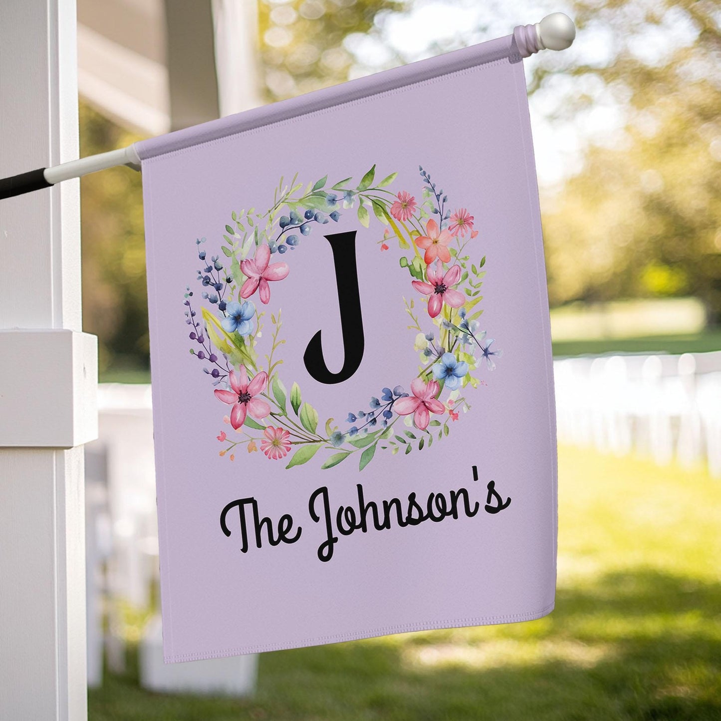 Personalized Garden Flag | Monogram Floral Wreath | Custom Family Name Flag | Spring Summer Yard Decor | Mint Blue Housewarming Gift