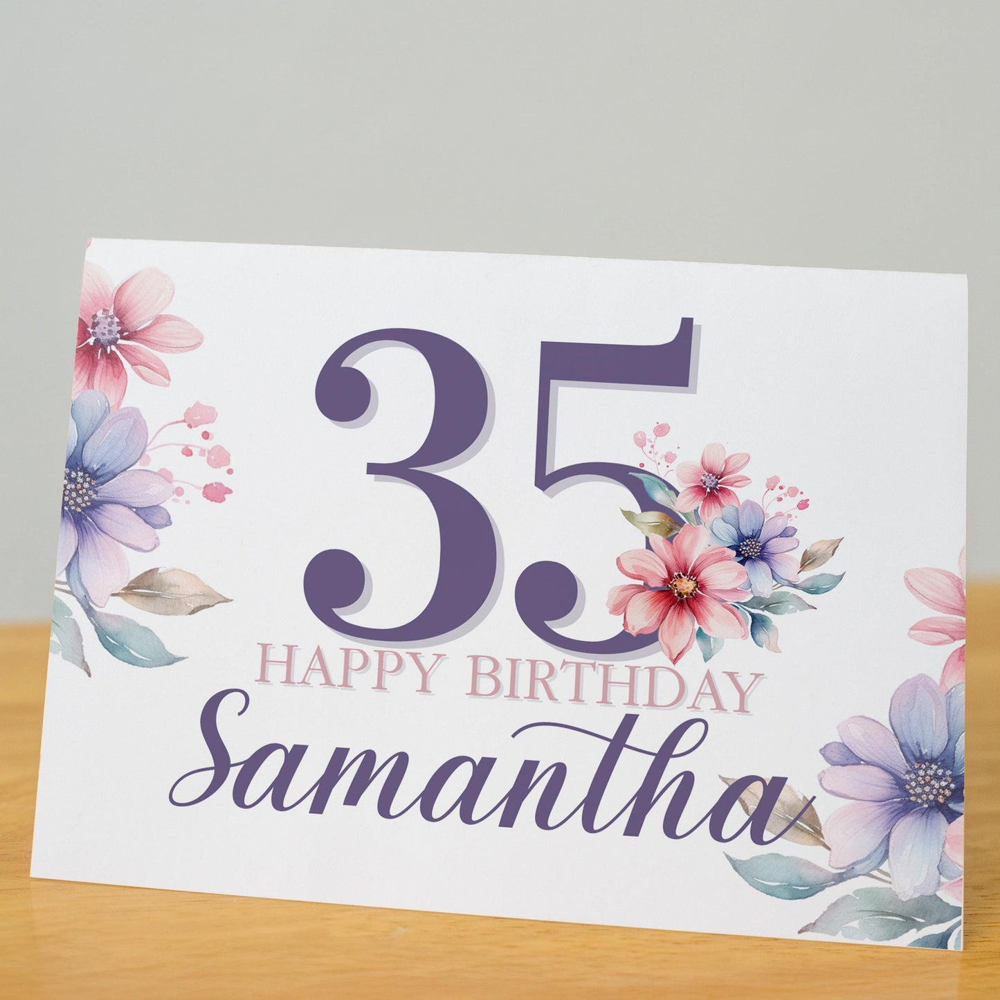 Personalized Floral Birthday Card for Her, Custom Age & Name Greeting, Purple Pastel Flowers, Handmade A2 Card, Blank Inside, Elegant
