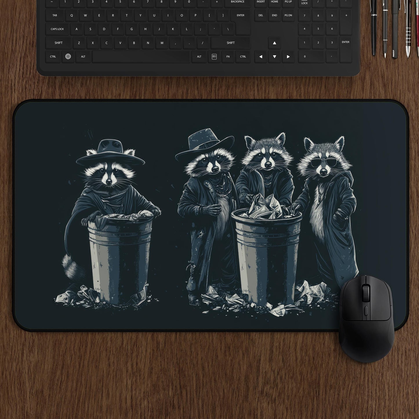 Raccoon Gang Mousepad | Funny Trash Panda Computer Gaming Desk Mat | Raccoons in Coats Art Gift for Gamers | Dark Desk Decor