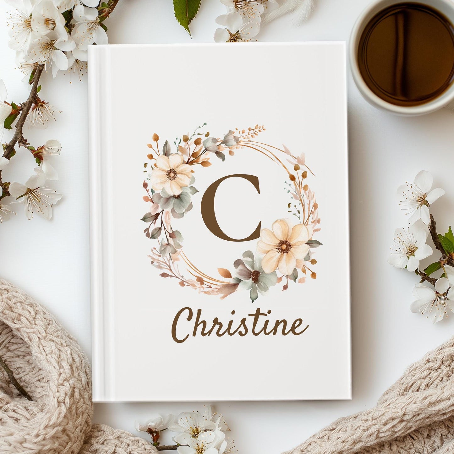 Personalized Boho Floral Monogram Journal, Custom Hardcover Notebook, Elegant Flower Diary, Bridesmaid Gift, Mothers Day Gift for Her