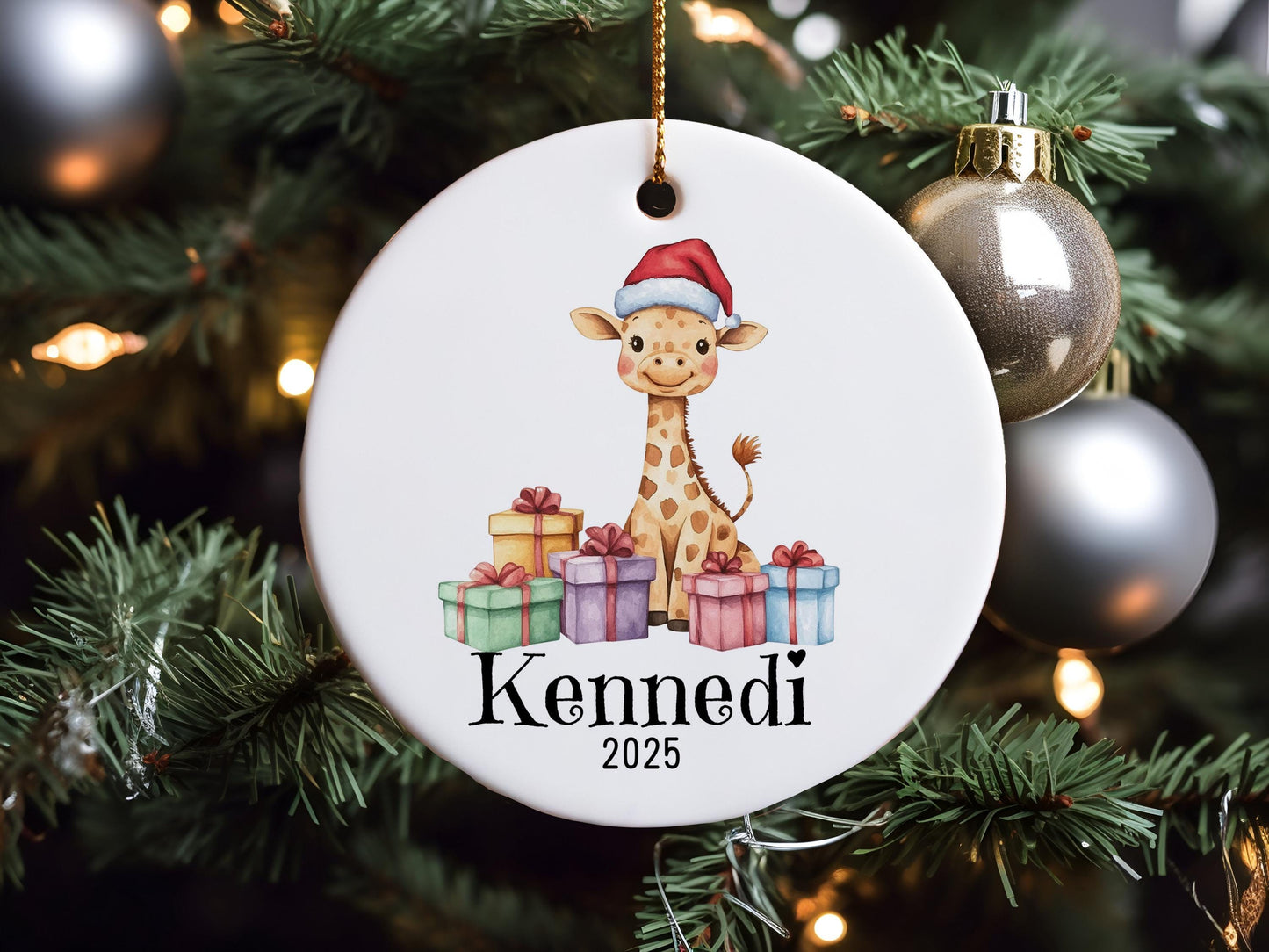 Personalized Giraffe Christmas Ornament, Custom Name Ceramic Keepsake, Baby First Xmas Gift, Kids Holiday Decoration, Cute Animal Decor