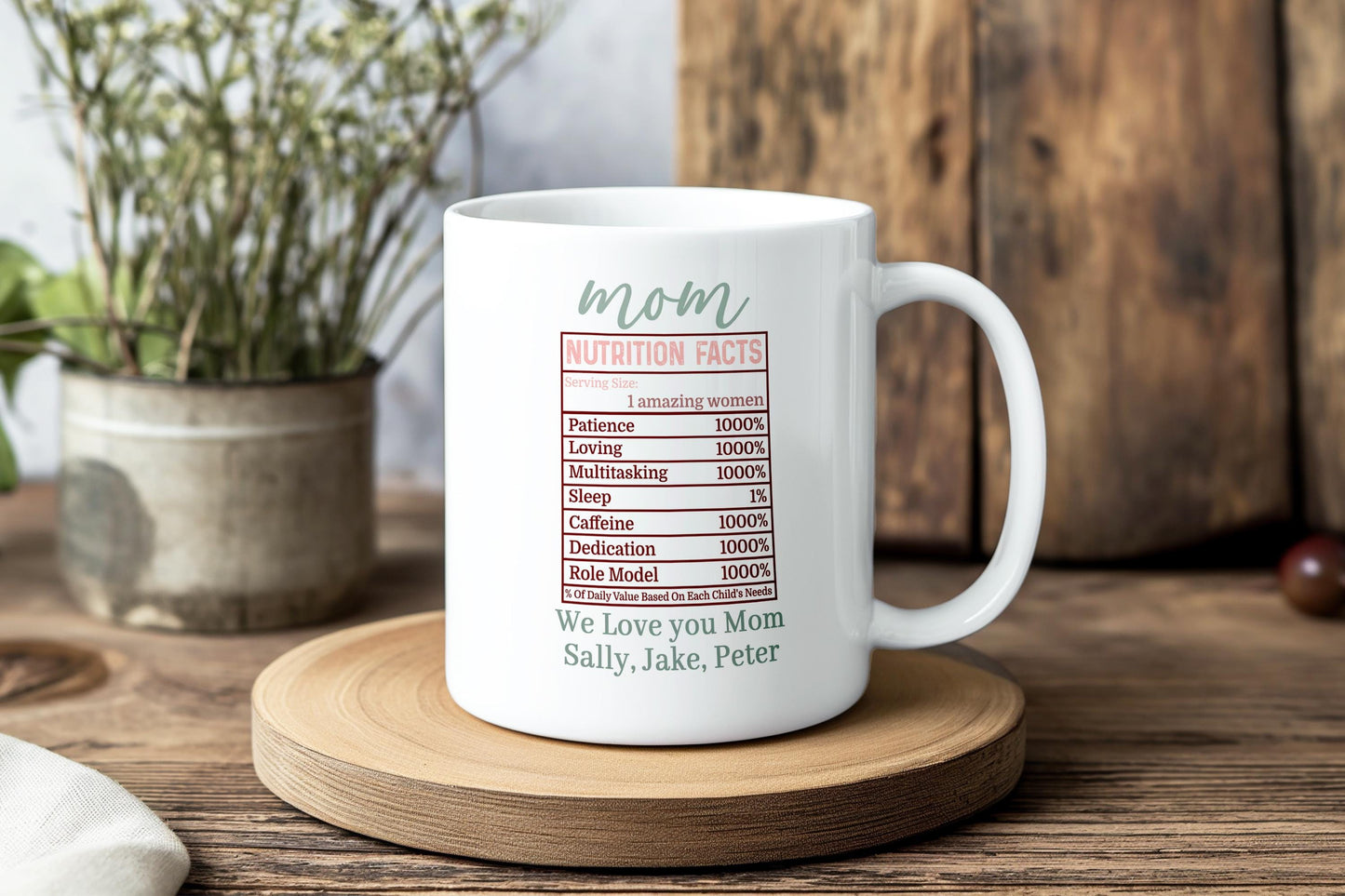Personalized Mom Nutrition Facts Mug, Custom Mother's Day Gift from Kids, Funny Coffee Cup for Mom, Mom Birthday Gift, We Love You Mug