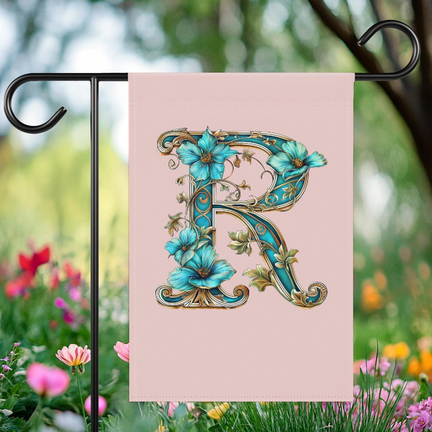 Custom Floral Monogram Garden Flag Banner, Personalized Initial Party Décor for Outdoor Celebrations, Custom Spring Wedding Banner