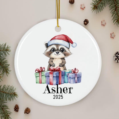 Personalized Raccoon Christmas Ornament, Custom Name Ceramic Keepsake, Kids Holiday Gift, Cute Woodland Animal Decor, Xmas Tree Gift