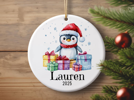 Personalized Penguin Christmas Ornament, Custom Ceramic Holiday Decoration, Cute Winter Keepsake, Kids Name Gift, Xmas Tree Ornament