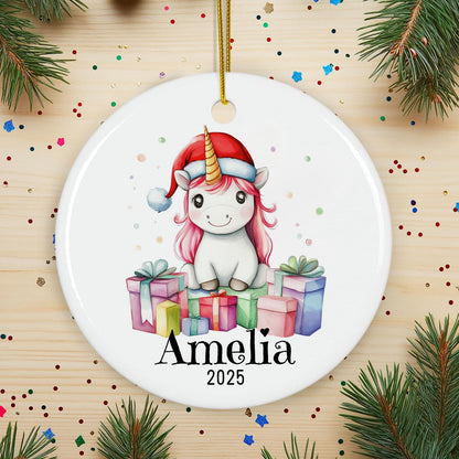 Personalized Unicorn Christmas Ornament, Custom Name Ceramic Keepsake, Girls Holiday Decoration, Baby First Xmas Gift, Magical Decor
