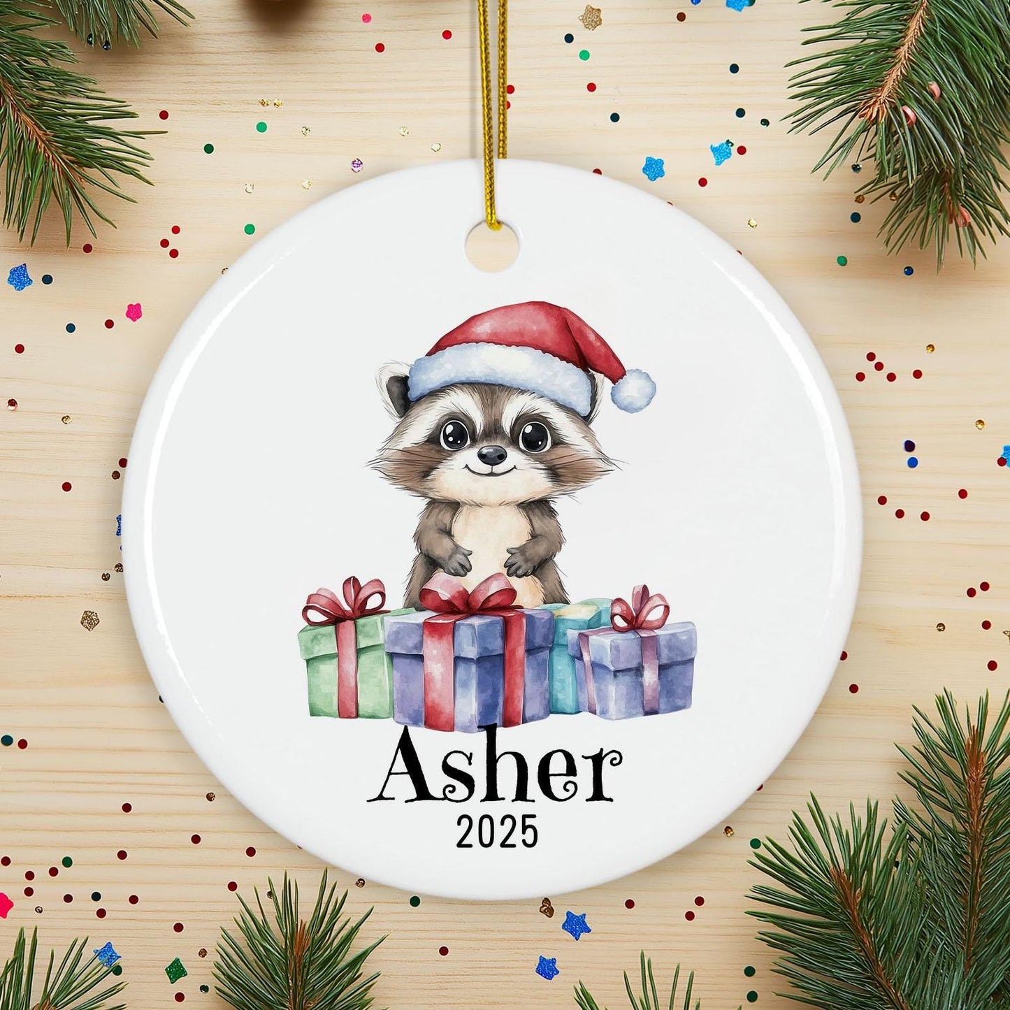 Personalized Raccoon Christmas Ornament, Custom Name Ceramic Keepsake, Kids Holiday Gift, Cute Woodland Animal Decor, Xmas Tree Gift