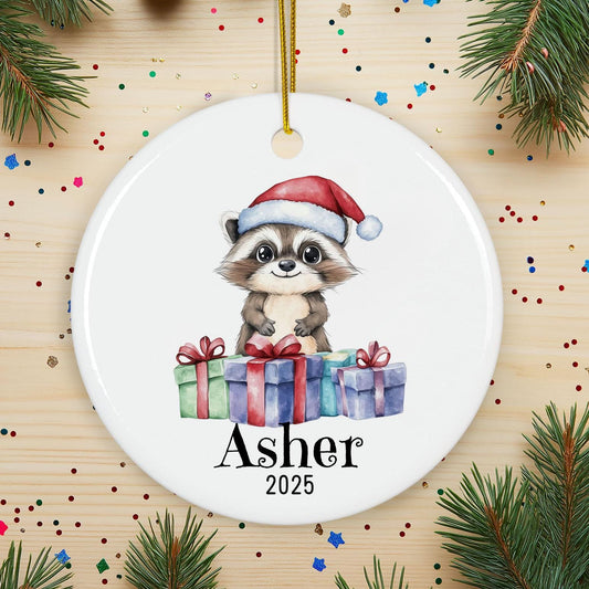 Personalized Raccoon Christmas Ornament, Custom Name Ceramic Keepsake, Kids Holiday Gift, Cute Woodland Animal Decor, Xmas Tree Gift