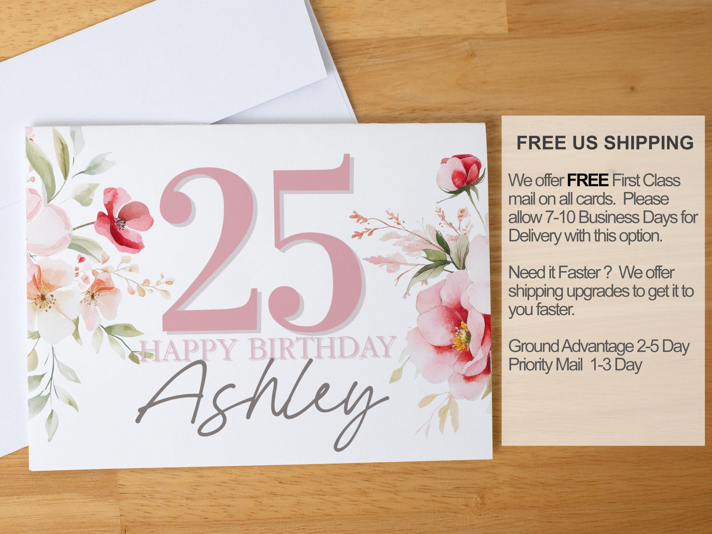 Custom Floral Birthday Card for Women, Personalized Age & Name, Elegant Handmade A2 Card, Pink Watercolor Flowers, Blank Inside