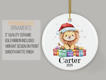 Personalized Lion Christmas Ornament, Custom Ceramic Holiday Keepsake, Kids Name Decoration, Baby First Xmas Gift, Cute Animal Decor