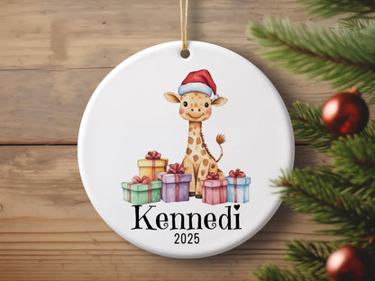 Personalized Giraffe Christmas Ornament, Custom Name Ceramic Keepsake, Baby First Xmas Gift, Kids Holiday Decoration, Cute Animal Decor