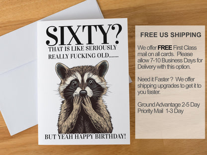 Funny Milestone Birthday Card for Him or Her, Raccoon Cursing Humor, 40th 50th 60th Card, Blank Inside, Handmade A2 Snarky Greeting