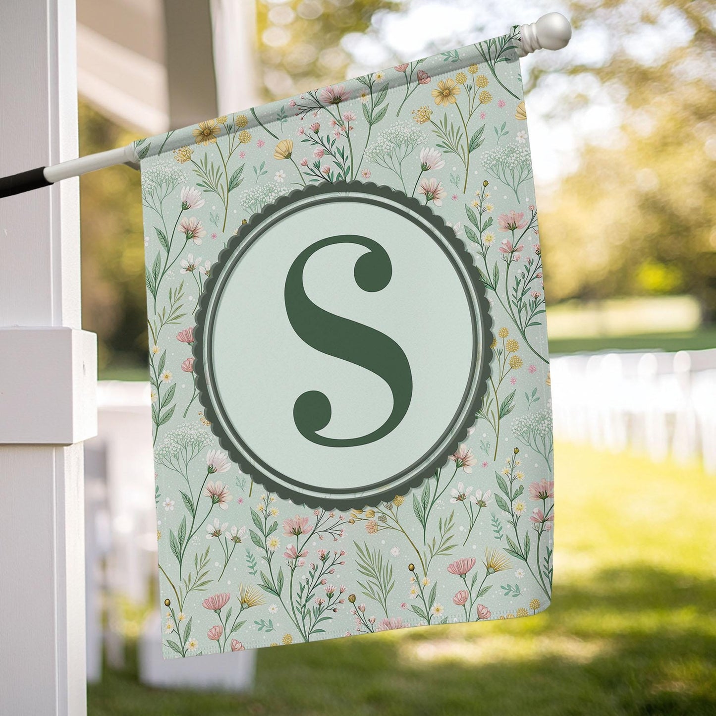 Floral Monogram Garden Flag, Custom Spring Outdoor Flag with Initial, Botanical Yard Decor, Personalized Welcome Sign for Porch or Lawn