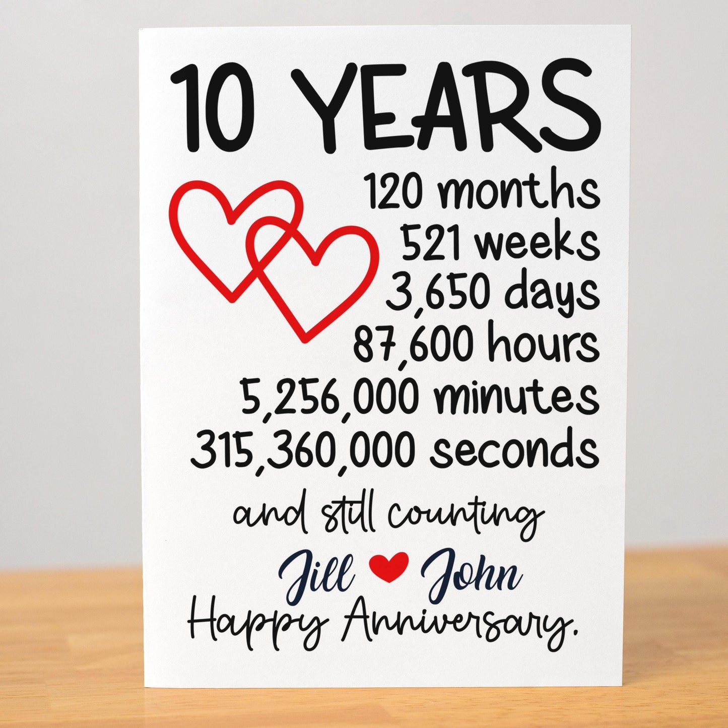10 Year Anniversary Card, Custom Personalized Greeting, Romantic Decade Milestone, Love Celebration Card, Keepsake for Couples Gift