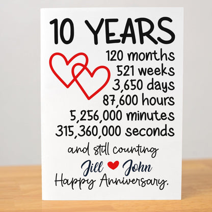 10 Year Anniversary Card, Custom Personalized Greeting, Romantic Decade Milestone, Love Celebration Card, Keepsake for Couples Gift