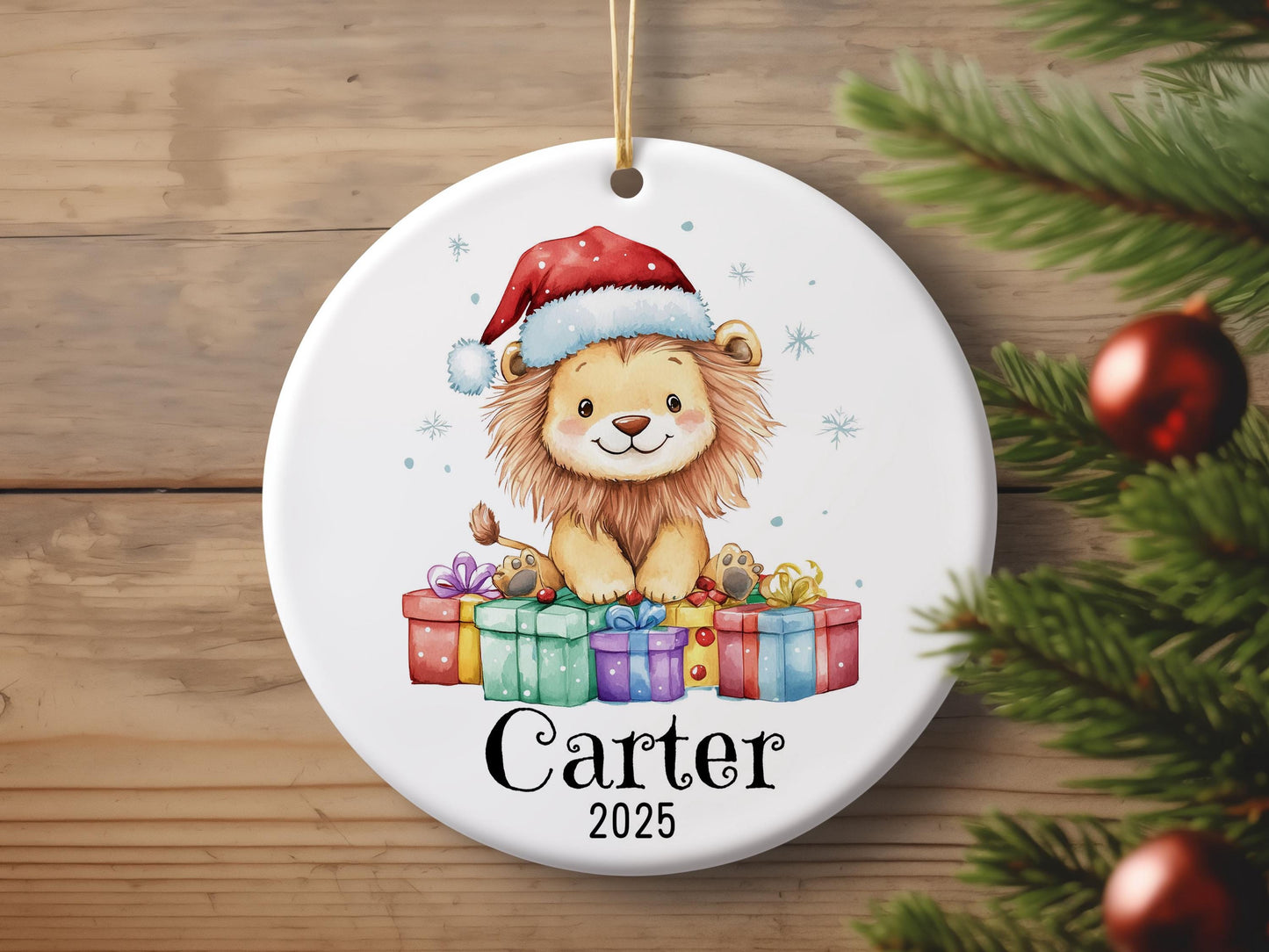 Personalized Lion Christmas Ornament, Custom Ceramic Holiday Keepsake, Kids Name Decoration, Baby First Xmas Gift, Cute Animal Decor