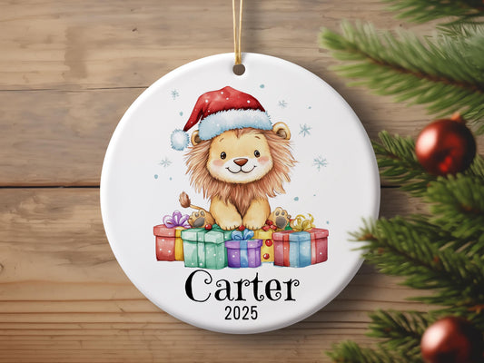 Personalized Lion Christmas Ornament, Custom Ceramic Holiday Keepsake, Kids Name Decoration, Baby First Xmas Gift, Cute Animal Decor