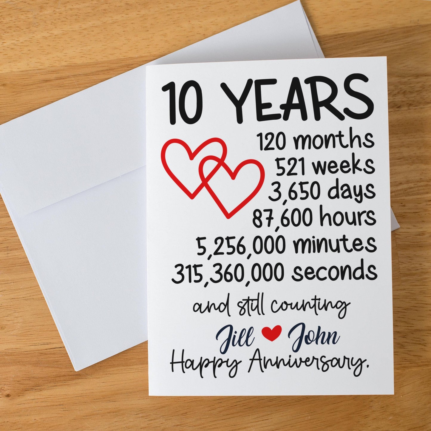 10 Year Anniversary Card, Custom Personalized Greeting, Romantic Decade Milestone, Love Celebration Card, Keepsake for Couples Gift