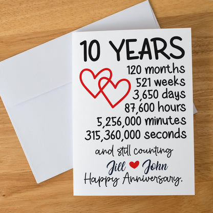 10 Year Anniversary Card, Custom Personalized Greeting, Romantic Decade Milestone, Love Celebration Card, Keepsake for Couples Gift
