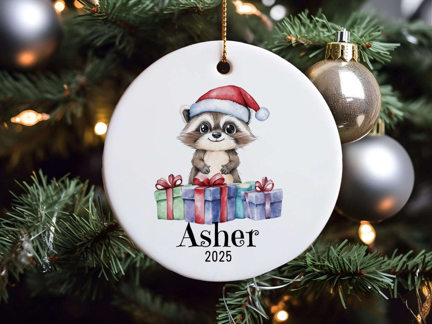 Personalized Raccoon Christmas Ornament, Custom Name Ceramic Keepsake, Kids Holiday Gift, Cute Woodland Animal Decor, Xmas Tree Gift
