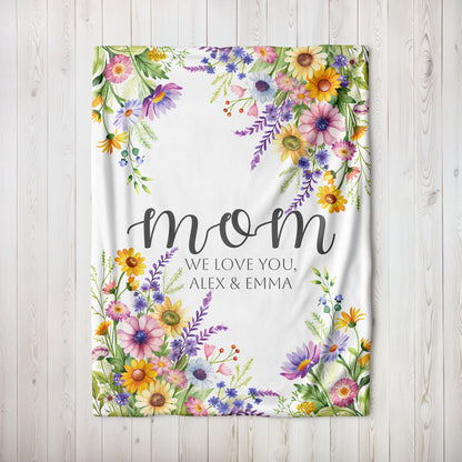 Personalized Floral Mom Blanket, Custom name blanket, Wildflower Blanket, Custom Gift for Mother's Day, For Mom, Children's Name Blanket